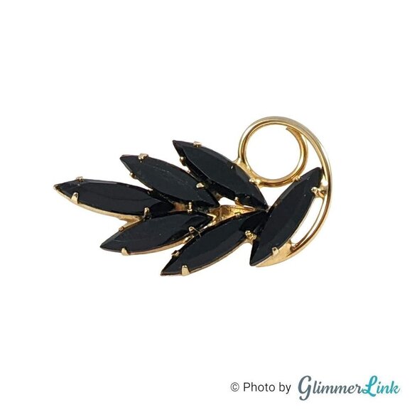 Vintage 1960s Dainty Navette Black Rhinestone Leaf Curl Stem Gold Tone Brooch - Picture 4 of 7